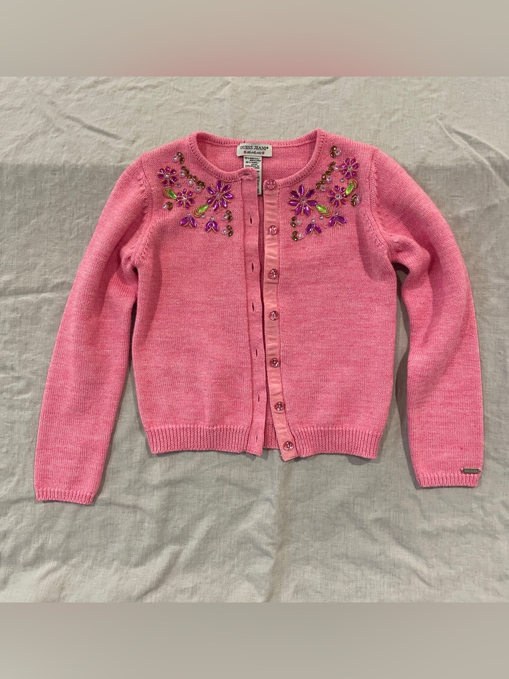 GUESS Kids Vintage Pink Rhinestone Floral Embellished Cardigan Sweater sz M